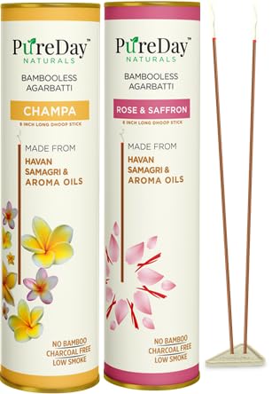 PureDay - 160 Dhoop Sticks - Bambooless - Pack of 2 - Rose & Saffron - 1 Unit, Champa - 1 Unit - Made with Havan Samagri & Aroma Oil - Free Ceramic Stand