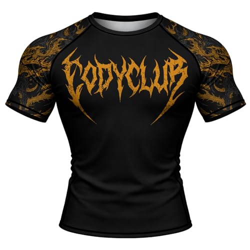 MECH-ENG Mens Graphic Compression Shirts Short Sleeve Quick Dry Athletic Workout Gym Undershirt Running Base Layer Top (Gold Demon,X-Large)