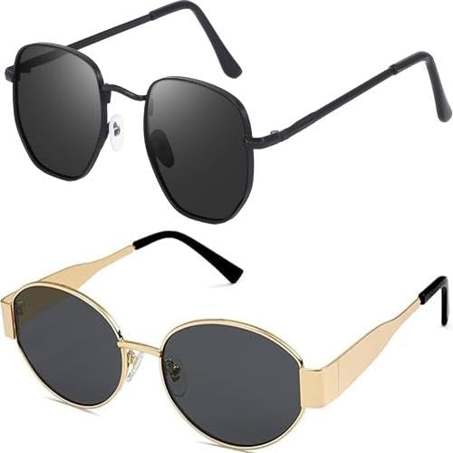 Image of Sheomy Unisex combo offer pack of 2 shades Unisex Fashion Sunglasses Set, 2 Pairs, Metal Frame, Black and Silver - Combo2-180