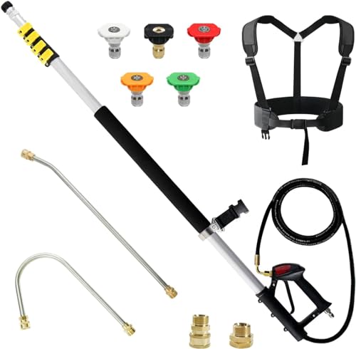 24 FT Pressure Washer Telescoping Wand with 2 Extension Wand Attachments (Gutter Cleaners), 5 Spray Nozzle, 2 Hose Adapters & Support Harness