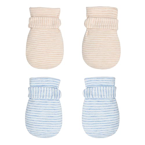 Newborn Baby No Scratch Mittens Stay On, 100% Cotton Breathable, Adjustable Infant Gloves for Baby Boys Girls Mittens (Khaki/Blue Stripe, 0-3 Months)