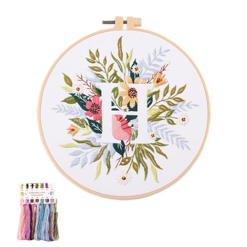 Image of artcici Embroidery Kits Plant Flower Leaf English Letter Patterns for Beginners Adults, Full Range Embroidery Starter Kits Cross Stitch Needlework Supplies (Letter H)