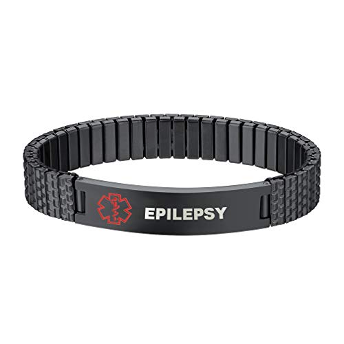 Bracelet médical l'épilepsie Alerte médicale Rouge Bracelet élastique en Acier Inoxydable 316L Symbole d'urgence étiquette Bracelet Manchette Noir pour Homme Cover