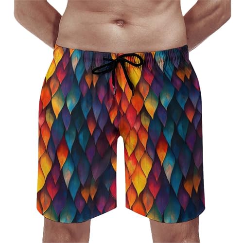 Hawaiian Shorts for Men - Comfy Rainbow Leaf Print Mens Swim Trunks Bathing Suits with Mesh Lining
