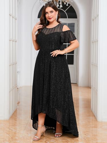 Image of ZOMVA Plus Size Sparkly Mesh Maxi Dress Cold Shoulder Ruffle Sleeve High Low A Line Dresses Wedding Guest Cocktail Party