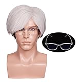 FantaLook Short Silver Cosplay Wig with Glass for Halloween