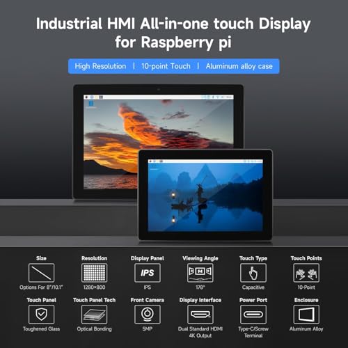 Image of Industrial HMI All-in-one 10.1inch Touch Display Compatible with Raspberry Pi 4 (Included), Supports Dual 4K HDMI Output, 10-Point Touch, Aluminum Alloy Case @XYGStudy (PI4-HMI-101D)