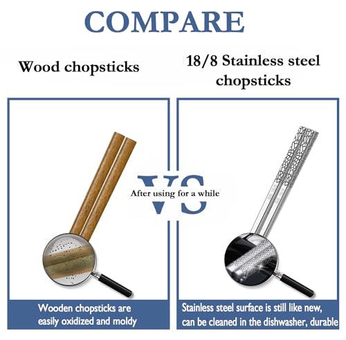 Metal Chopsticks 6 Pairs Stainless Steel Reusable Chopsticks Cute Laser Engraved Non-slip Korean Japanese ,18/8 Stainless steel Dishwasher Safe for Cooking Eating 9 1/4 Inches 6 Pairs