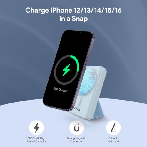 Image of FLiX MagConnect Elite 10,000mAh 15W Magnetic Wireless Output,22.5W QC Pocket Power Delivery PPS,Type C & Type A Input /Output,Rapid Charge,LED Display,Perfect for iPhone 12,13,14(Blue)