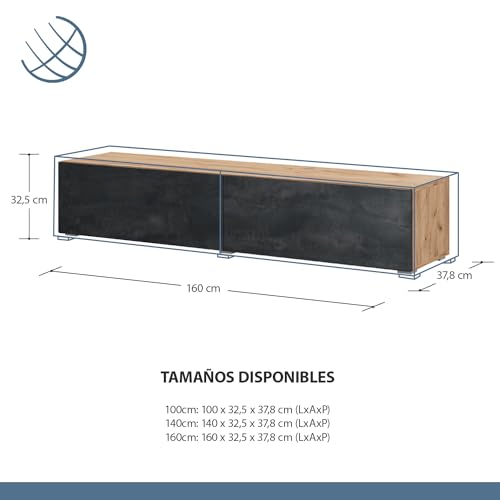 Miniatura 2 de Planetmöbel - Mueble De Tv Para Salón, 2x 160 Cm Oro Roble Negro Carbón - Oro Roble, Moderno, Armario De Tv Con 2 Puertas Abatibles Como Espacio De Almacenamiento, Colgante O De Pie