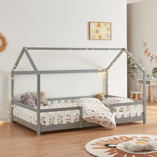 [en.casa] Kinderbett Sisimiut Hausbett Montessori 140 x 200 cm mit Rausfallschutz Holzbett für Kinder Bodenbett Lattenrost Kiefernholz Hellgrau/Weiß