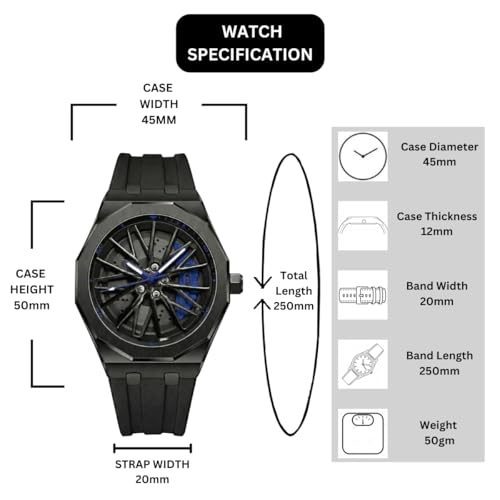 Image of ON TIME OCTUS Spinning Car Wheels Gyro Men's Sport Watch| 360 Rotating Car Wheel Dial Watch for Men | 3D Rim Hub Sports Design | Quartz Analog Wristwatch with Soft Silicone Strap
