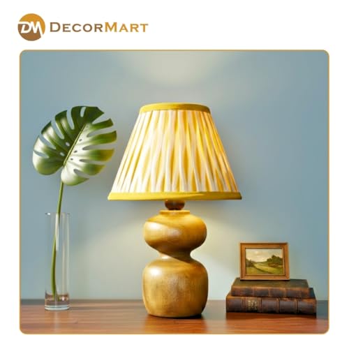 Image of The Decor Mart Printed Shade Table Lamp with Wooden Base|Sleek Decor Decorative Beside Light for Desk,Bedroom, Living Room, Home Office and Hotel(20x20x30 cm) (Yellow)