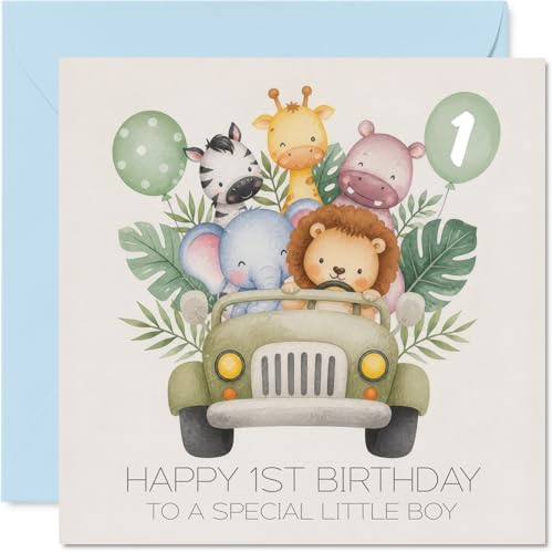 Carte 1er anniversaire ludique, parade animaux joyeuse