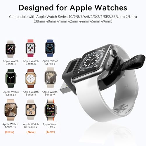 LVFAN Charger for Apple Watch, Portable iWatch Charger USB Wireless Charger Fast Charging Magnetic Cordless Car Travel Charger for Apple Watch Series 10 9 8 7 6 5 4 3 2 1 SE Ultra 2 Ultra (Black)