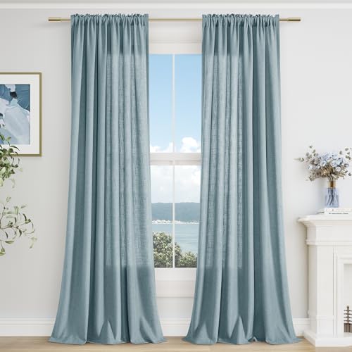 Guken Blue Linen Curtains 90 Inch Long for Living Room Rod Pocket 2 Panels