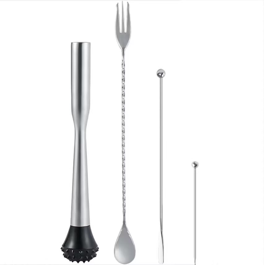 Homestia4PCS Muddler Set, 10 Inch 304 Stainless Steel Cocktail Muddler for Mojito and Fruit Drinks, Home Bar Tool Set of Bar Spoon Swizzle Stick Cocktail Pick Silver