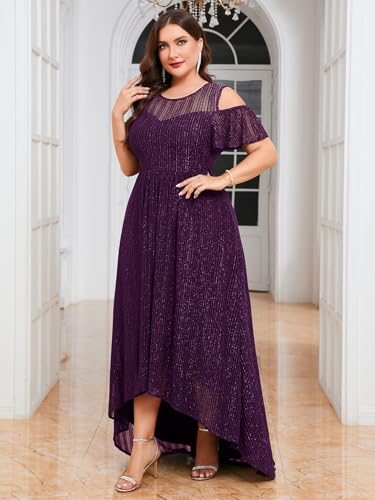 Image of ZOMVA Plus Size Sparkly Mesh Maxi Dress Cold Shoulder Ruffle Sleeve High Low A Line Dresses Wedding Guest Cocktail Party