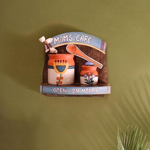 Image of AAKRITI ART CREATIONS Mom's Cafe Dining Room Wall Decor Ensemble with Hand Painted Pots | Floral Art, Matte Finish | Wooden & Ceramic Wall Mount Shelf Decor for Kitchen & Dining Space