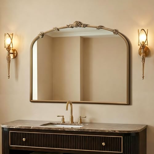 Image of Besdomus Vintage Gold Arched Mirror: 36 inchx29 inch Antique Vanity Mirror | French Baroque Decorative for Wall /Mantel /Bedroom /Entryway /Bathroom /Hallway - Home Decor for Fashion- Conscious