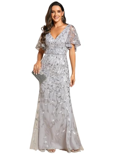 Ever-Pretty Women's Sequin Formal Dresses V-Neck Ruffles Sleeves Embroidery Mermaid Long Evening...
