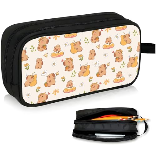 Image of WOBAGMEN Double Layer Pencil Case with Handle Large Pencil Bag Cute Print Pencil Pouch for Boys Girls (Capybara Donut)