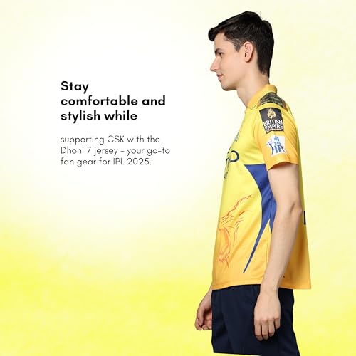 Image of playR x Chennai Super Kings Original Fan Jersey IPL 2025 - Adult Dhoni 7 Half Sleeve CSK Cricket T-Shirt, Regular Fit Sportswear Tee for Training, Outdoor & Match Day Activewear for All Season