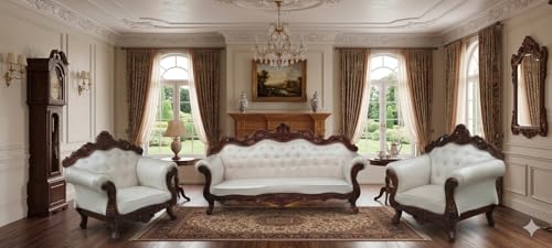 Image of Wooden 5 Seater Sofa Set | 3 +1 + 1 Solid Wood Hand-Carved White Heavy Sofa | Traditional Design Furniture for Living Room | Home | Office