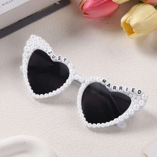 Etercycle Heart Sunglasses, Just Married Women's Sunglasses Bride Gifts, Bridal White Glasses Vintage Pearl Sun Glasses For Bachelorette Party Decorations4