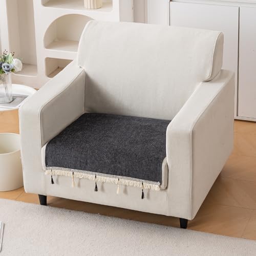 Image of HOKIPO 'Serenity Tassel' Chenille 1 Seater Sofa Cover with Tassel - Midnight Graphite (IN-890-DGRY)