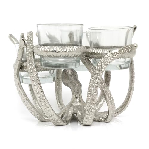 Octopus Tealight Candle Holder | Nautical Octopus with 4 Glass Candle Holders | Silver Aluminium Tea Light Candelabra - 19x17cm - Cosy Home Interiors Octopus Tealight Candle Holder | Nautical Octopus with 4 Glass Candle Holders | Silver Aluminium Tea Light Candelabra - 19x17cm