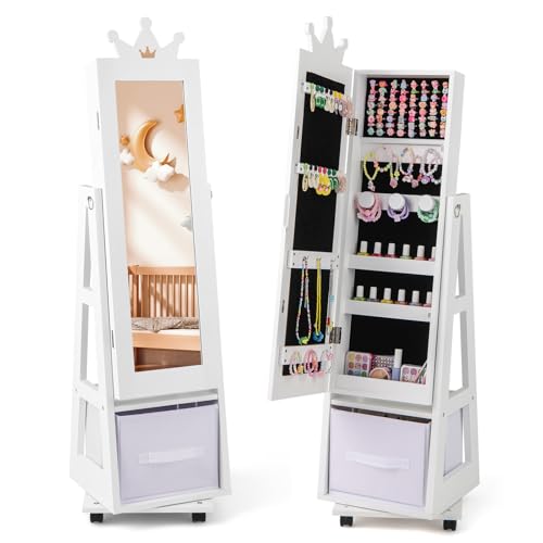 GLACER Kids Jewelry Armoire Cabinet, Standing Children Jewelry Organizer with Full-Length Mirror, Foldable Drawer, Anti-toppling System, Kids Vanity Dress Up Mirror Jewelry Cabinet for Girls (White)