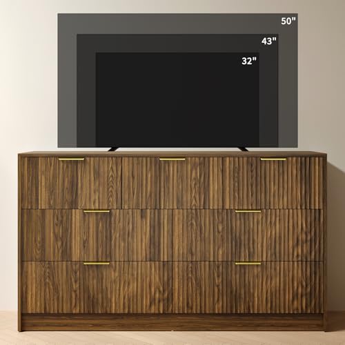 Image of Walnut Fluted 7 Drawer Dresser Bedroom,55 inch Wide Mid Century Wood Dresser with Gold Handles, Chest of Drawer Wooden TV Stand for Closet,Bedroom,Living Room,Walnut