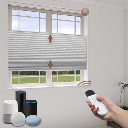 TIPIACE Smart Top Down Bottom Up Honeycomb Shades WiFi Enabled Motorized Cellular Blinds Compatible with Alexa/Google Home Double Cellular Fabric Blackout Insulated Custom Sizes （ White ）