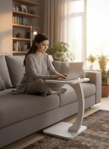 Image of Modern C-Shaped Wooden Sofa Side Table for Living Room | Multipurpose Laptop Table for Couch | Bedside Coffee Table | Space Saving Table for Home & Office | Stylish Portable End Table (White-Square)