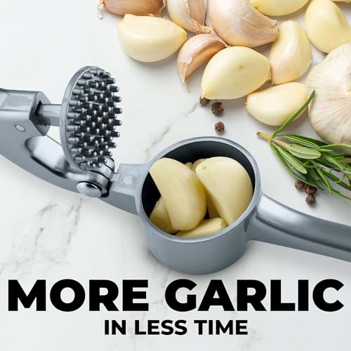 Image of Zulay Kitchen Large Premium Garlic Press Set - Bigger Bowl for Bigger Garlic - Rust Proof Garlic Mincer Tool - Easy-Squeeze, Easy-Clean Silicone Garlic Peeler & Brush (Slate)