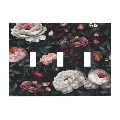 Decorative Light Switch Cover Plate Rustic Big Pink Flowers White Peony Floral 3 Gang Wall Plate Oversized Triple Toggle Switch Cover Plate Jumbo Faceplate for Home Decor