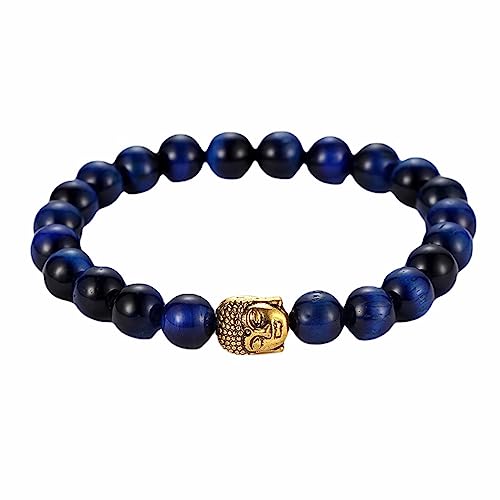 Bracelet œil de tigre 8 mm avec son pendentif Bouddha, bijou élastique mixte de 19 cm