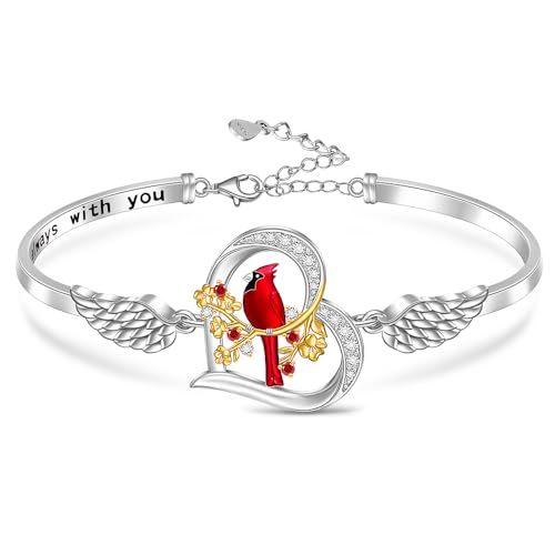 Red Cardinal Gifts for Women Cardinal Bracelet Sterling Silver Heart Angel Wing Bracelets Memorial Sympathy Charms Christmas Bird Jewelry