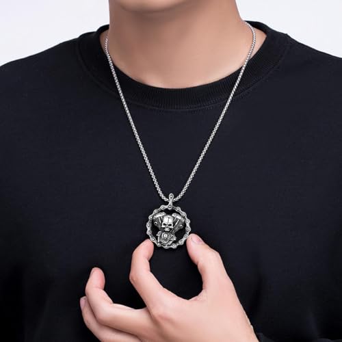 Pendentif chaîne mécanique et crâne, idée cadeau motard rock