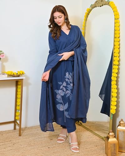 Image of Nermosa Women Solid A-line Kurta and Pant set With Dupatta | Women Kurta Set | Solid Suit | Embroidery Kurta Set |