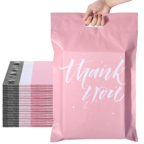 Metronic Thank You Poly Mailers 14.5x19 50 Pcs, Easy to Carry Shipping Bags with Handle, Self Seal Mailers Poly Bags for Small Business Packing and Shipping, Large Package Bags Mailing Bags, Pink
