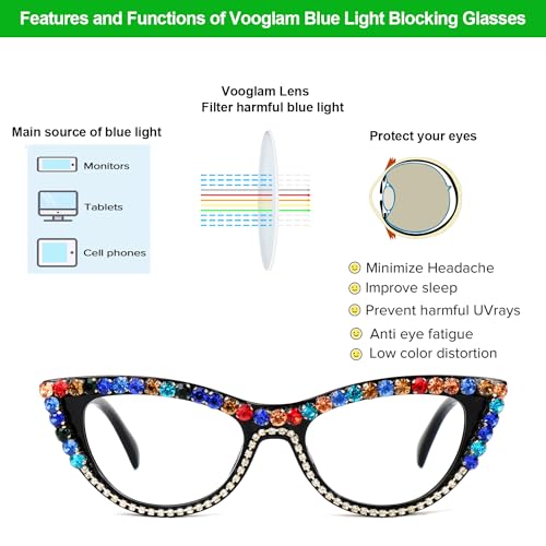 Image of VOOGLAM Stylish Rhinestone Cat Eye Blue Light Glasses for Women Anti Eyestrain Dry Eyes Eyewear Cathleen
