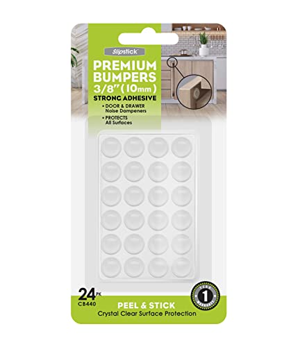 Slipstick Premium Cabinet Door Bumpers 3/8” Round Clear Adhesive Pads, Cabinet Stoppers, Rubber Bumpers for Drawers, Cupboards, Cutting Boards, Glass Tops, Picture Frames, Furniture, 24 Dampers