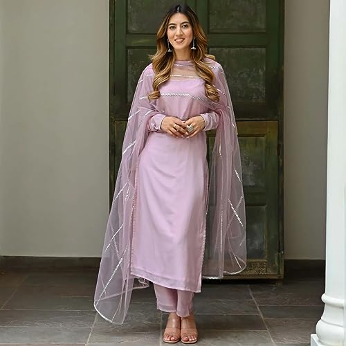 Image of GoSriKi Women's Cotton Blend Straight Solid Kurta with Pant & Dupatta