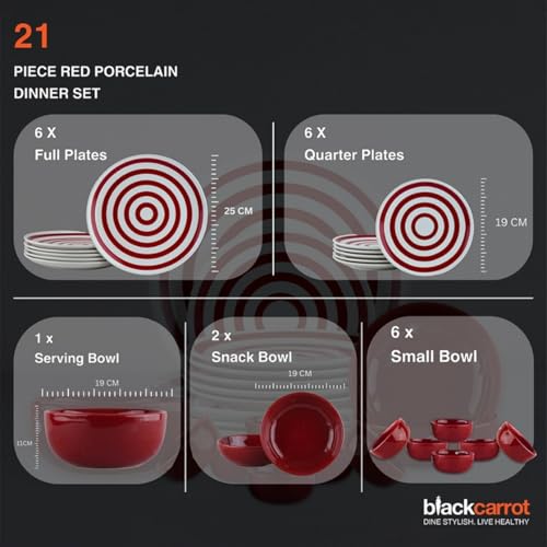 Image of BlackCarrot Ceramic Dinner Set, 21 Pcs, Red | Stoneware Series | Crockery Set for Dining Table | Dining Sets Crockery Items | Glossy Finish | Premium Ceramic (Red, 21 Pieces)