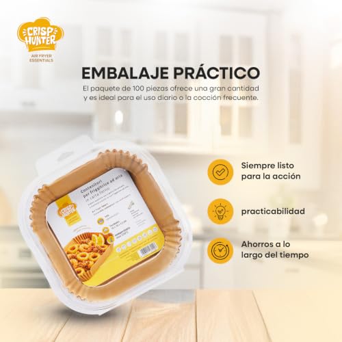 Miniatura 6 de Crisphunter Papel Para Freidora De Aire 100 Unidades, Moldes Cuadrados 16 X 16 X 4,5 Cm, Antiadherentes Desechables, Papel De Horno Para Cocción Limpia