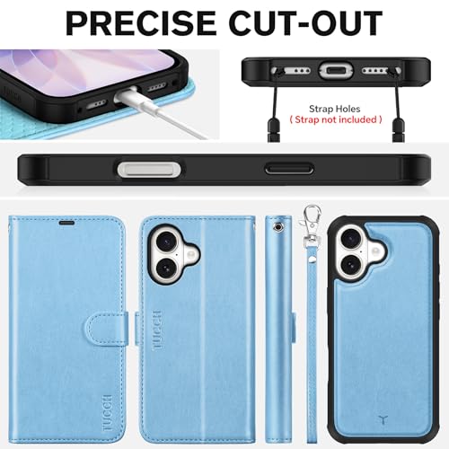 TUCCH Removable Case Wallet for iPhone 17 (6.3") 2025, Detachable Wrist Strap, Wireless Charging, Stand, 4 Card Holders RFID Blocking, 2-in-1 Magnetic, PU Leather Shockproof Cover, Pearly Light Blue by TUCCH - Used condition - Image 8