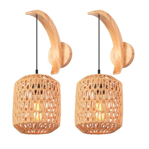 TOKTOP - Lote de 2 apliques de pared interior de madera E27 cuerda de cáñamo ratán, lámpara de pared bohemia, luna, iluminación de pared vintage para dormitorio, salón, pasillo, café