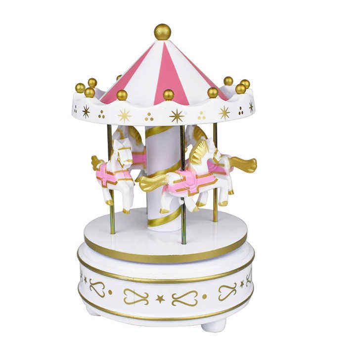 SHAKTISM Wooden Rotating Carousel Music Box for Kids | Wind-Up Rotating Merry-Go-Round Musical Toy | Decorative Horse Carousel Music Box | Pink Musical Showpiece Gift for Girls (White)-picture-22